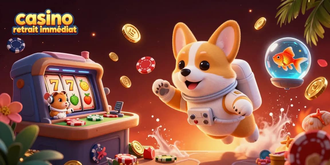 Profitez de l'expérience du casino retrait immédiat dans une illustration captivante où un corgi astronaute donne des indications dans un espace de jeu flottant.