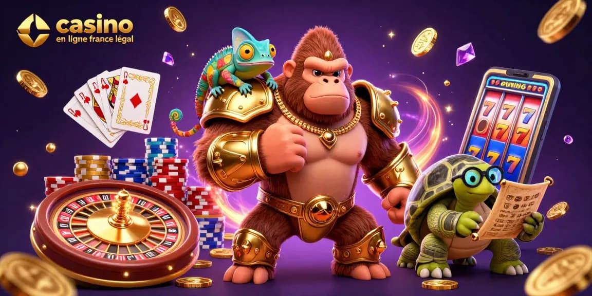 Illustration dynamique de casino en ligne en France légaux avec des personnages 3D et des éléments de jeu captivants.