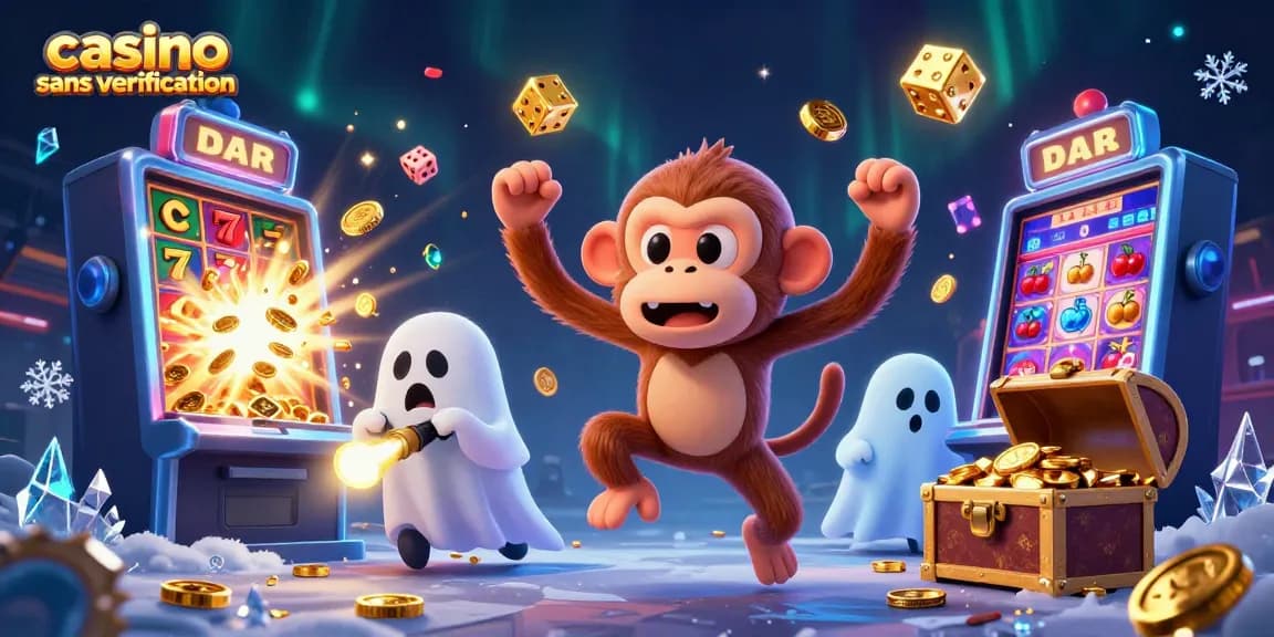 Une scène immersive d'un casino sans vérification, avec un singe poltergeist jouant avec des objets en or, offrant un spectacle captivant pour les joueurs.