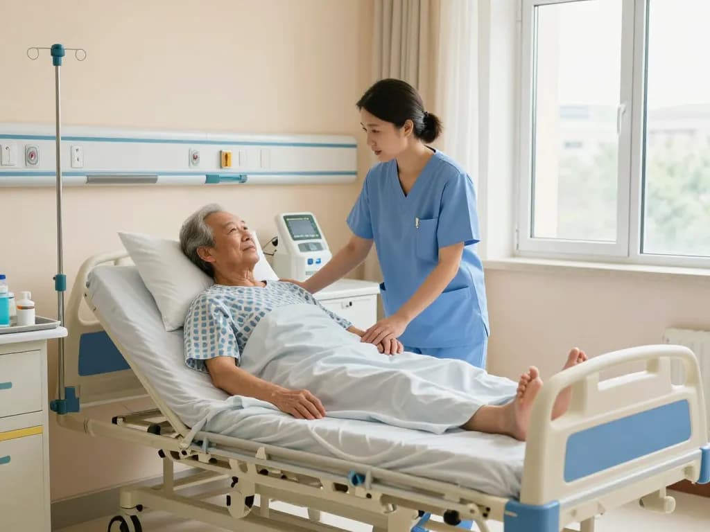 Adjustable giường bệnh nhân in a well-lit hospital room with caregiver assisting elderly patient.