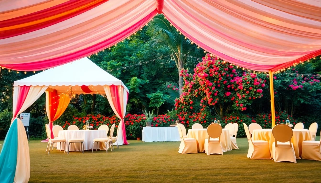 Celebrate your event with stunning Party Tent Rentals featuring elegant decorations and warm lighting.