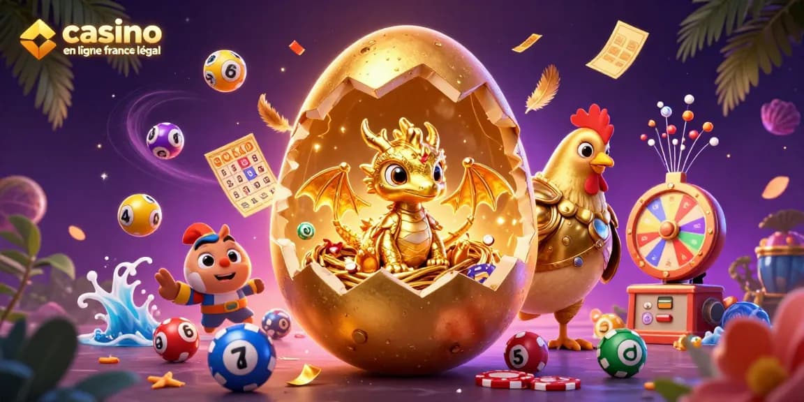 Profitez du meilleur casino en ligne France légal avec une scène festive d'un dragon doré sur des jetons de poker et des ballons colorés.