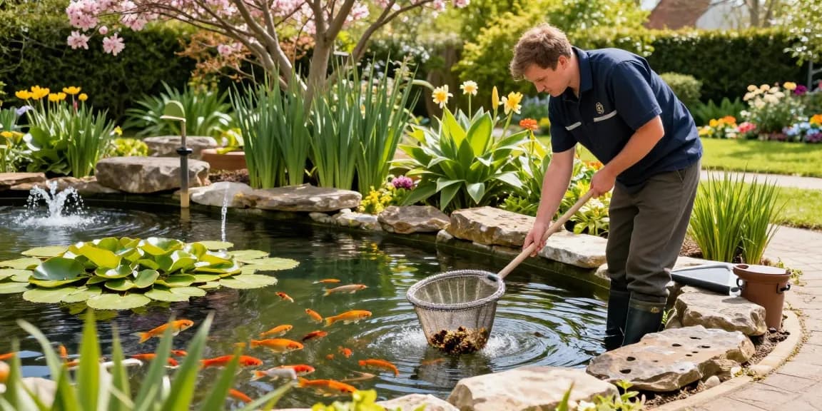 Pond Clean Kent service technician cleaning a vibrant garden pond surrounded by lush greenery and flowers.