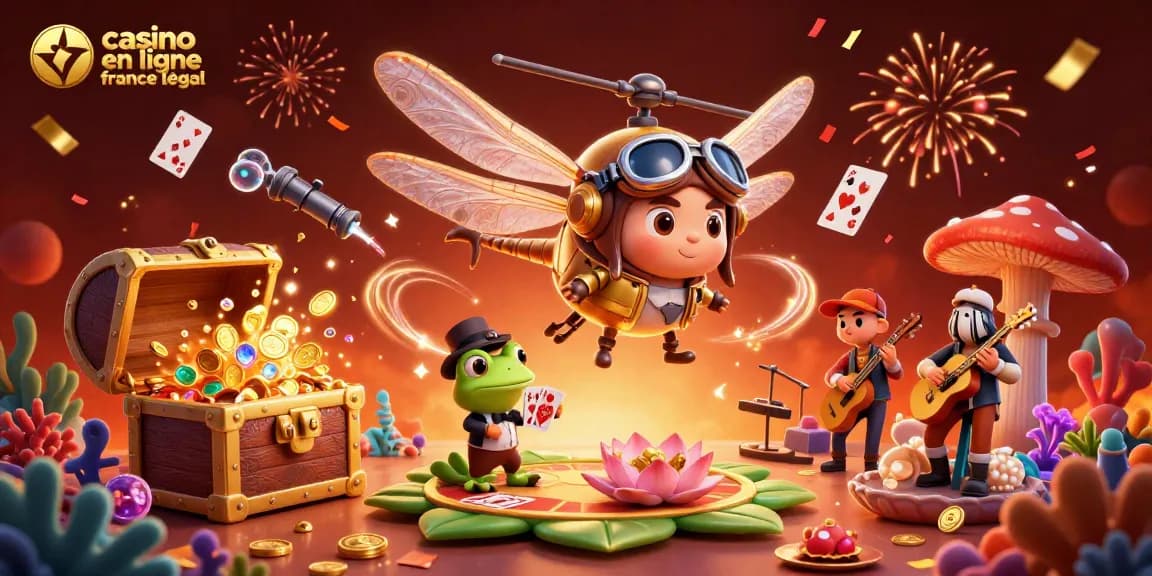 Découvrez le casino en ligne légal en France avec un pilote libellule et un croupier grenouille interagissant dans une scène magique.