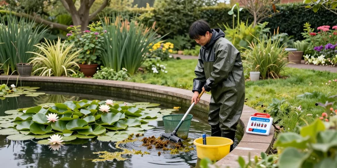 Pond Clean Kent expert removing algae from a serene garden pond