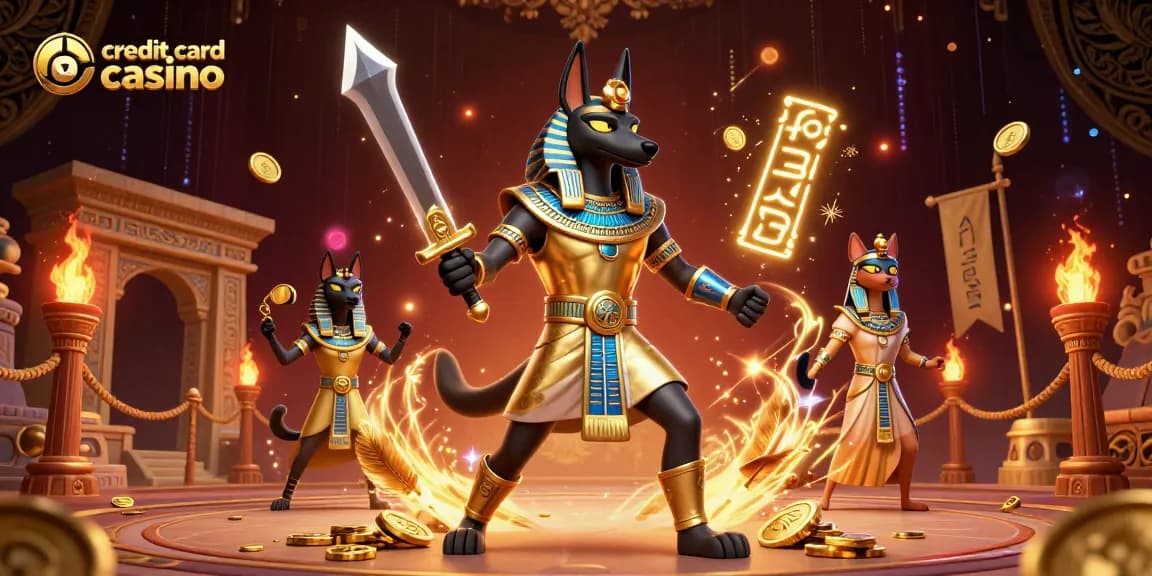 Experience the thrill of credit card casinos with Anubis and Bastet amidst vibrant gaming elements.