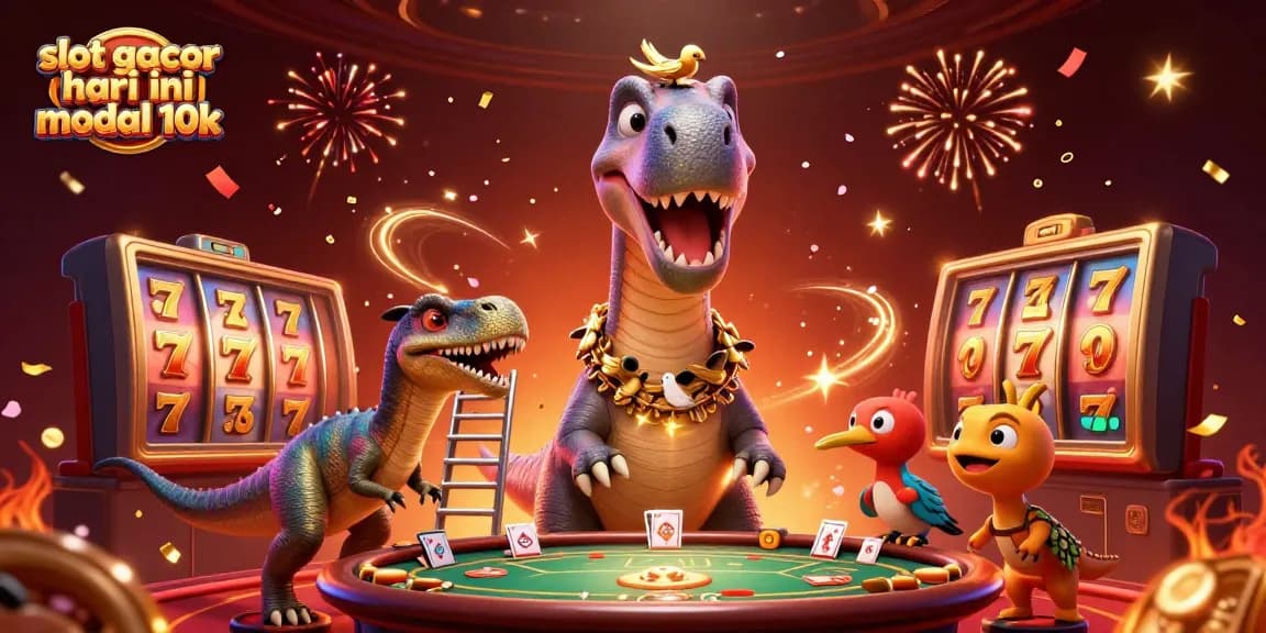 Experience the excitement of slot gacor hari ini modal 10k with a playful dinosaur theme in a vibrant casino setting.