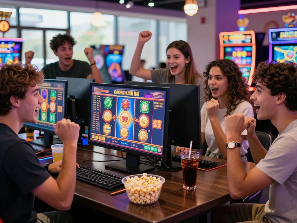 Friends enjoying slot gacor hari ini games in a lively online casino setting.