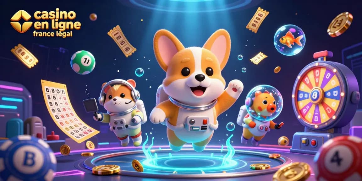 Jouez dans un casino en ligne France légal avec un corgi astronaute flottant parmi des éléments de jeu colorés.