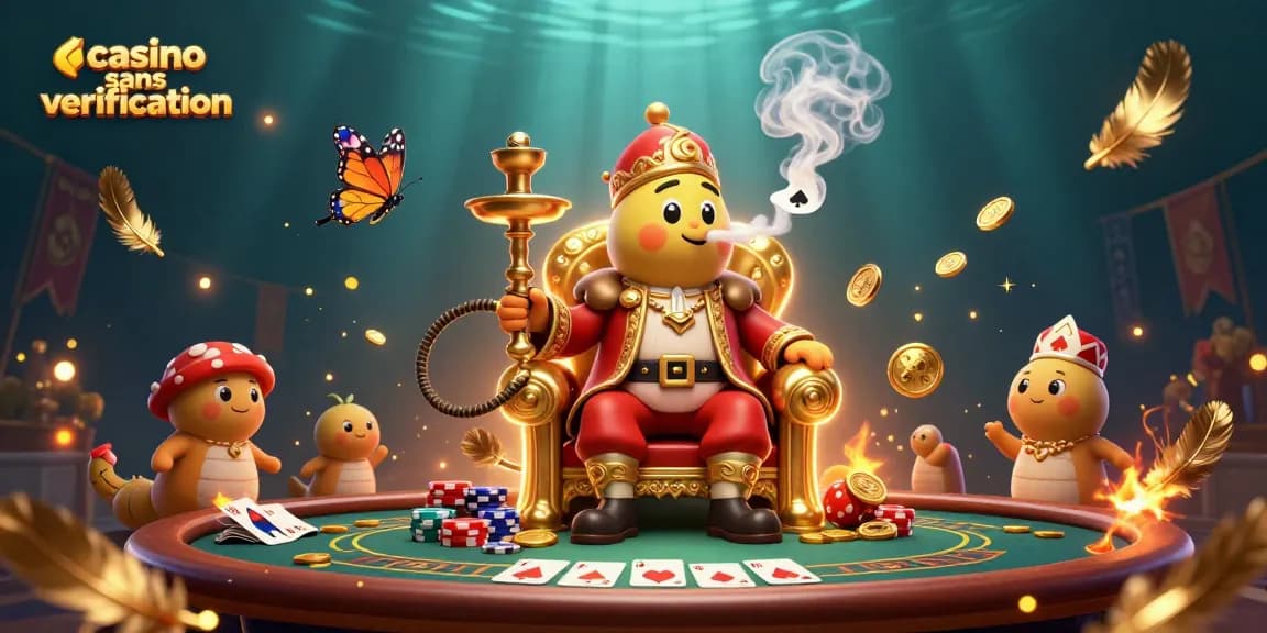 Vivez l'excitation du casino sans vérification avec des jetons de poker et des pièces d'or qui volent autour.