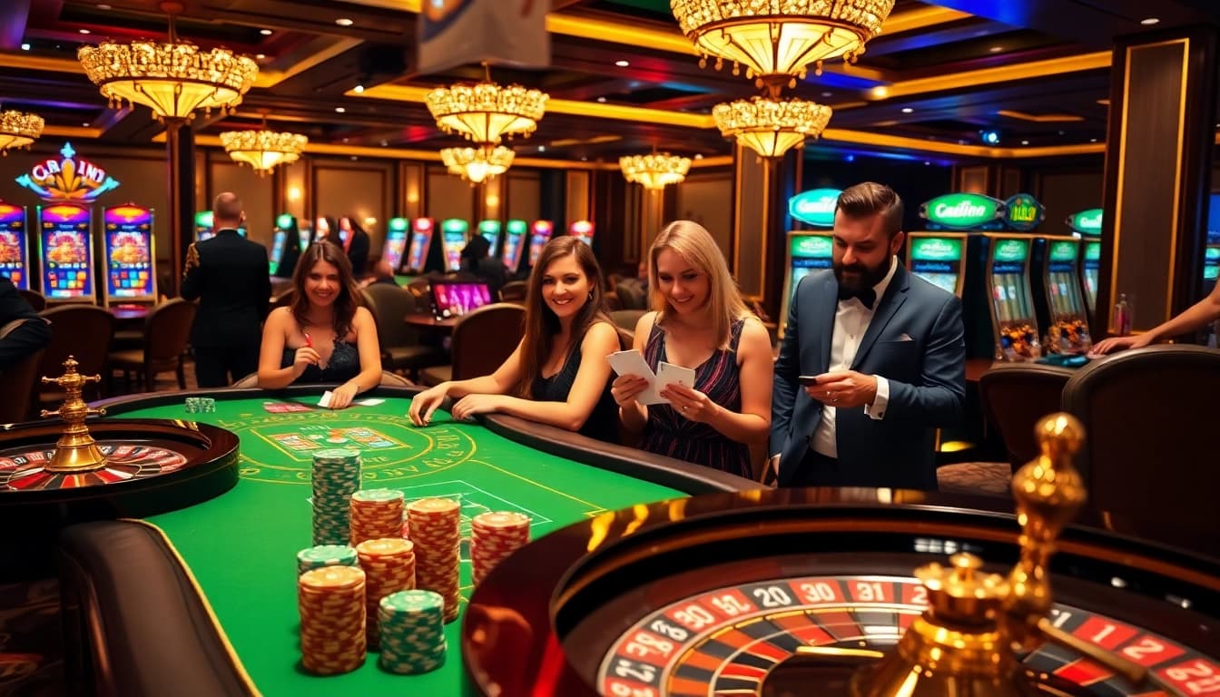 Un moment palpitant dans un casino en ligne français avec des joueurs aux tables de roulette et de poker, montrant excitation et stratégie.