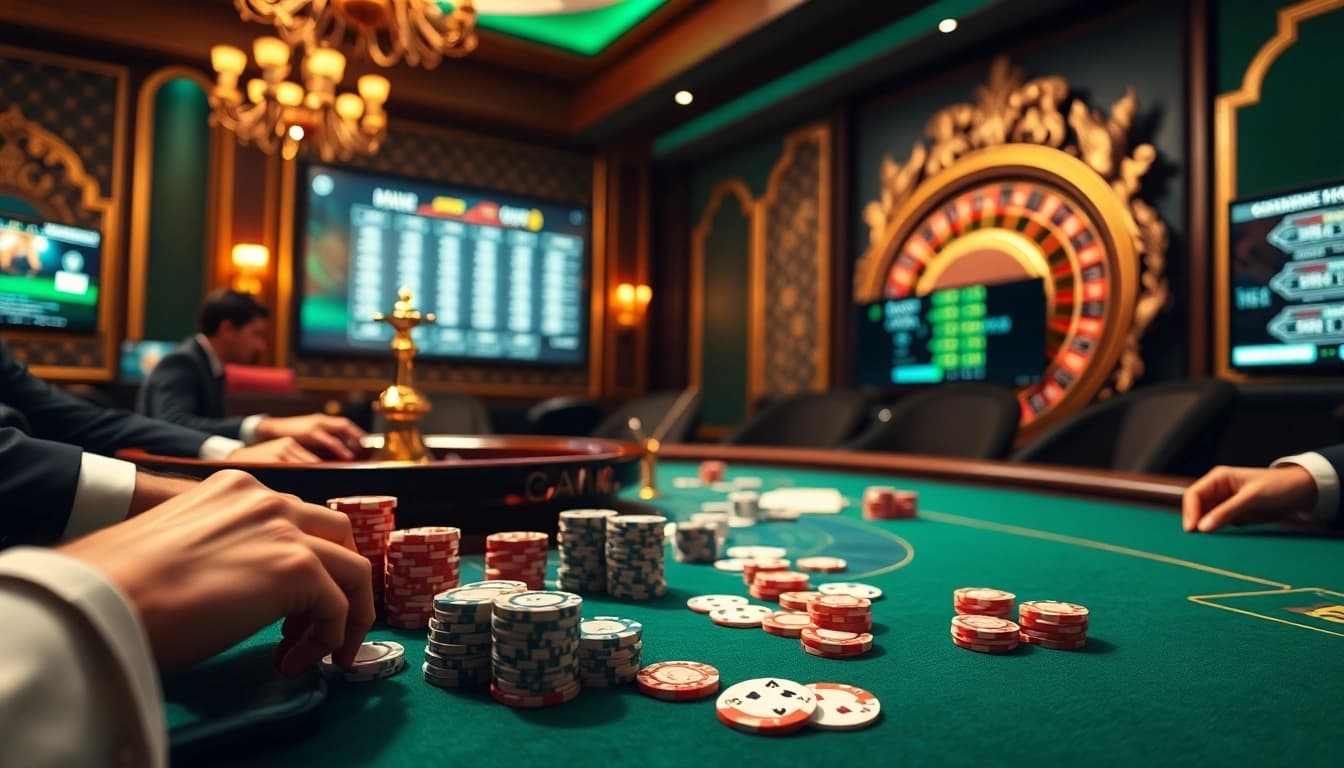 Participez à des actions de poker palpitantes dans un casino en ligne français, présentant des tables vibrantes remplies de jetons et de cartes.