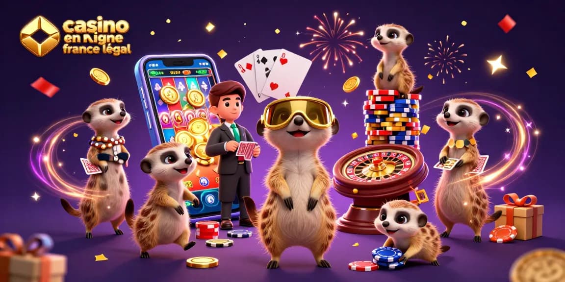 Profitez d'un univers vibrant de casinos en ligne légaux en France avec des meerkats dans une scène dynamique de jeux.