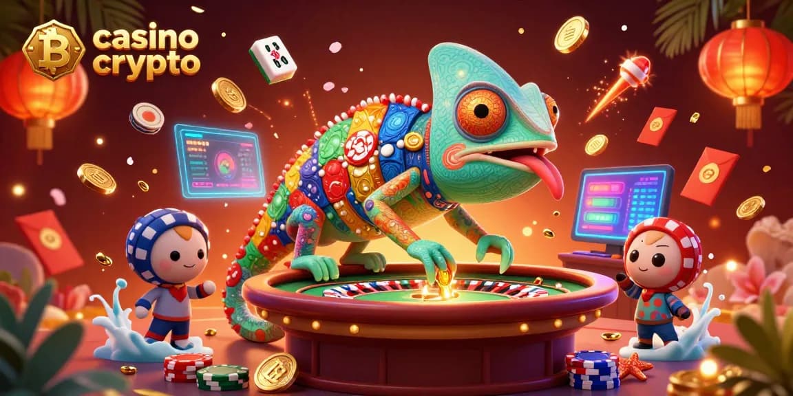 Illustrez une scène de casino crypto animée où le propriétaire caméléon attrape des pièces d'or.