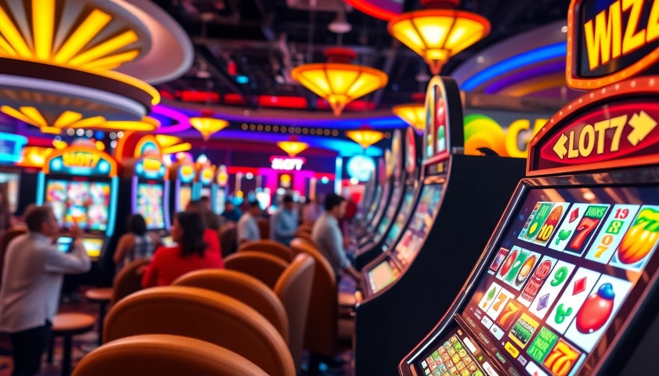 Slot77 mesin permainan yang menarik dalam suasana kasino yang ramai.