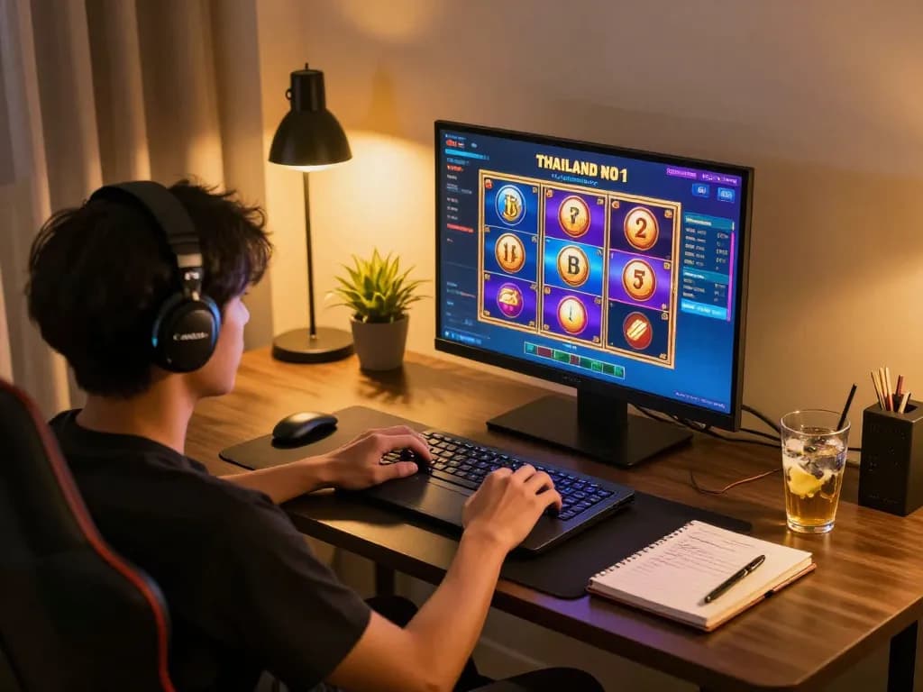 Player enjoying slot thailand no 1 on a laptop with vibrant graphics and strategic notes nearby.