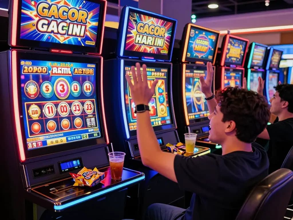 Pemain merayakan kemenangan besar di slot gacor hari ini di lingkungan permainan yang cerah.