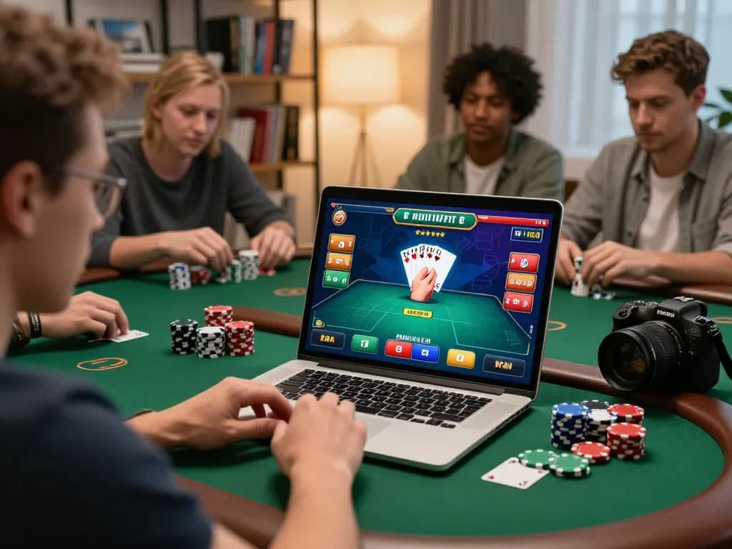 Engaged players immersed in an exciting Poker Online game, showcasing strategic gameplay on a laptop.
