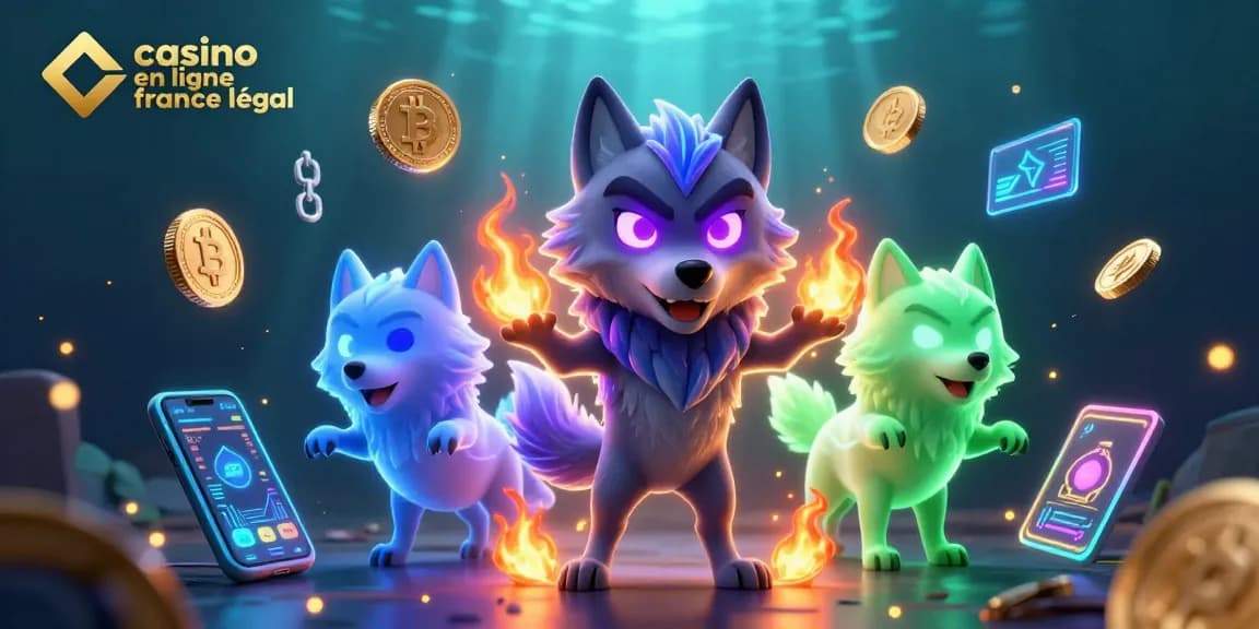 Image illustrant le casino en ligne France légal, avec un loup spectral et des éléments de cryptomonnaie