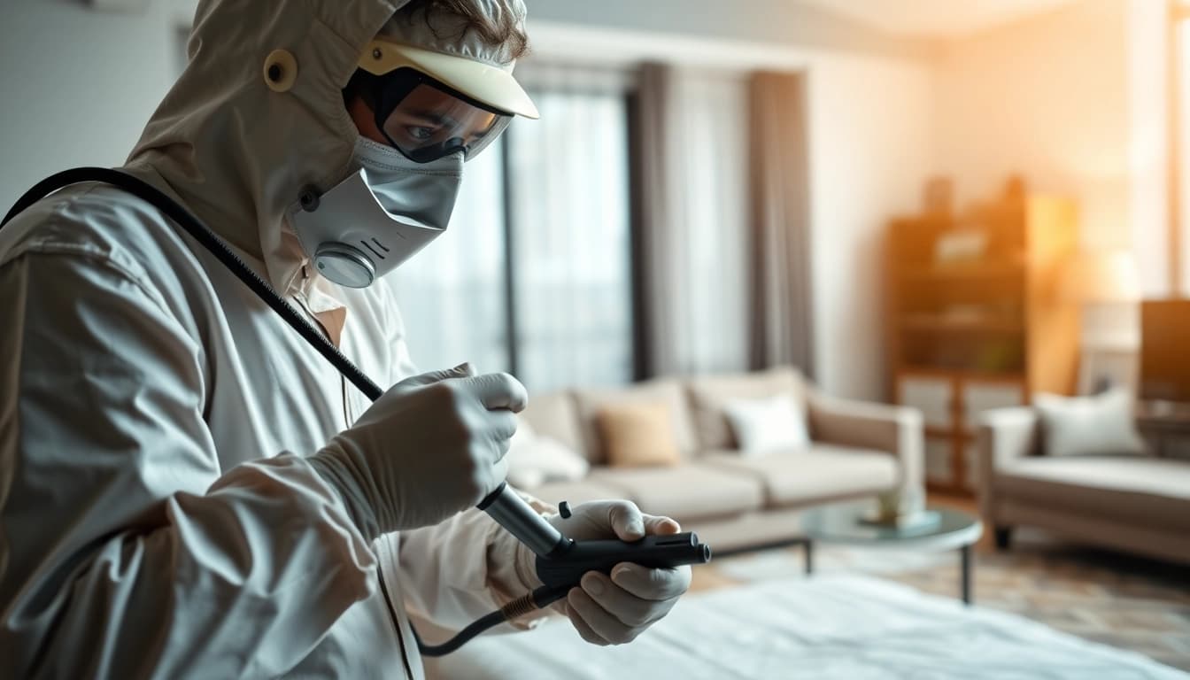 Bedbugs exterminator near me working diligently to eradicate a pest problem in an urban home.