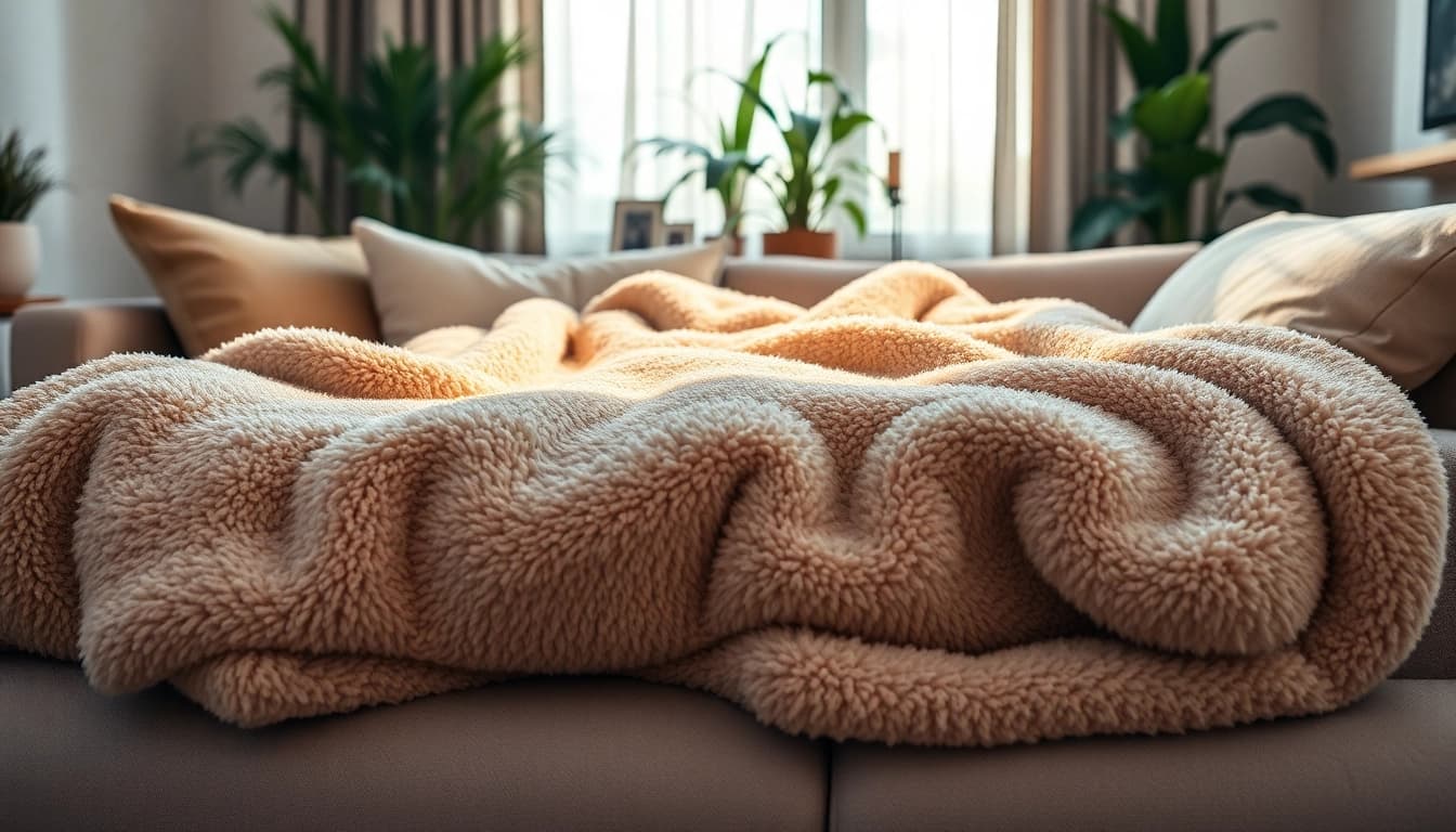 Fleece dekentje wordt prachtig uitgestald op een moderne bank in een stijlvolle woonkamer.