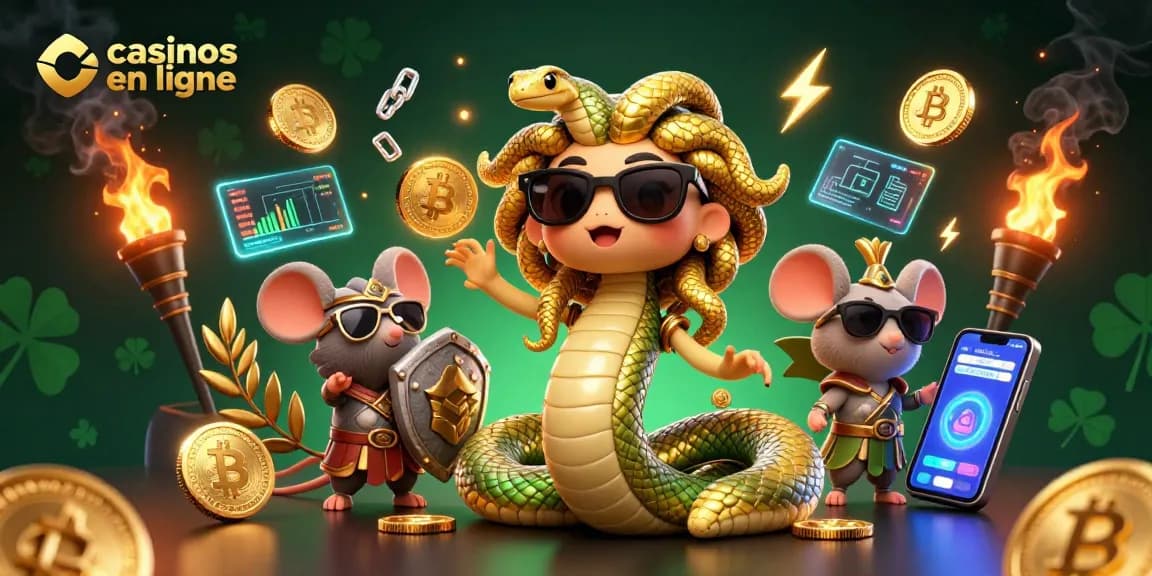 Découvrez les casinos en ligne avec Medusa et un guerrier souris, illustrant l'univers du jeu