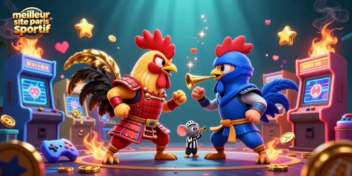 Un affrontement captivant entre roosters en armure représentant le meilleur site de paris sportif illustré en 3D.