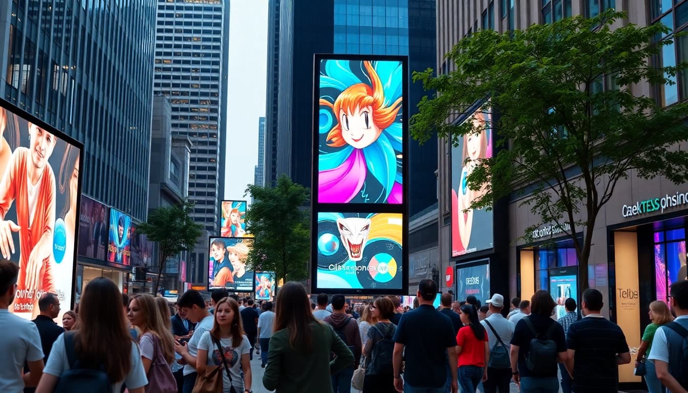 Engaging customers with digital advertising boards showcasing vibrant ads in a busy urban setting.