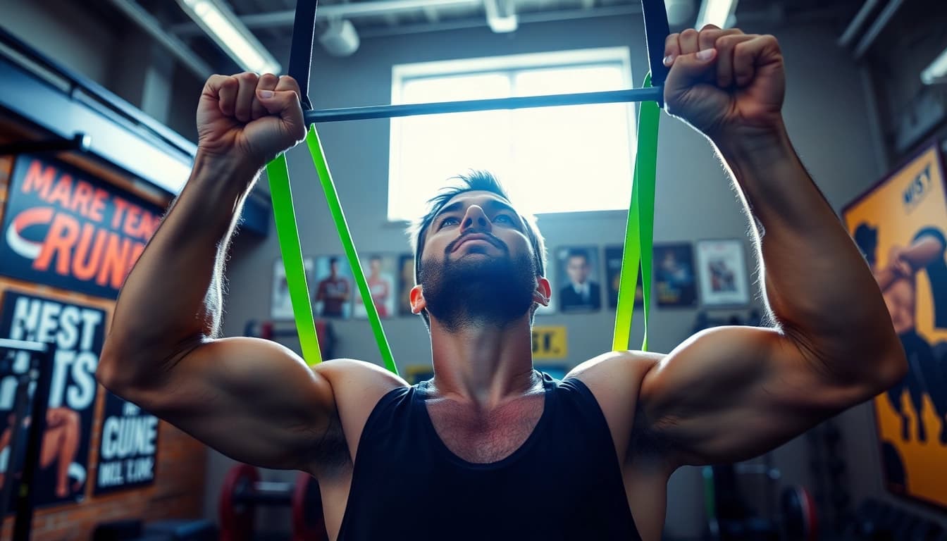 Engaged user performing pull-ups assisted by stretch bands in a vibrant gym setting.