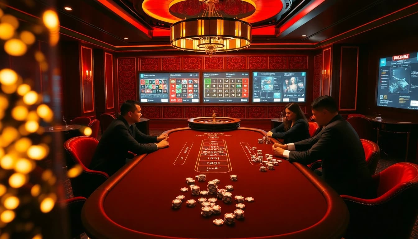Une scène de poker à enjeux élevés palpitante dans un casino en ligne français luxueux avec des joueurs et des croupiers élégants.