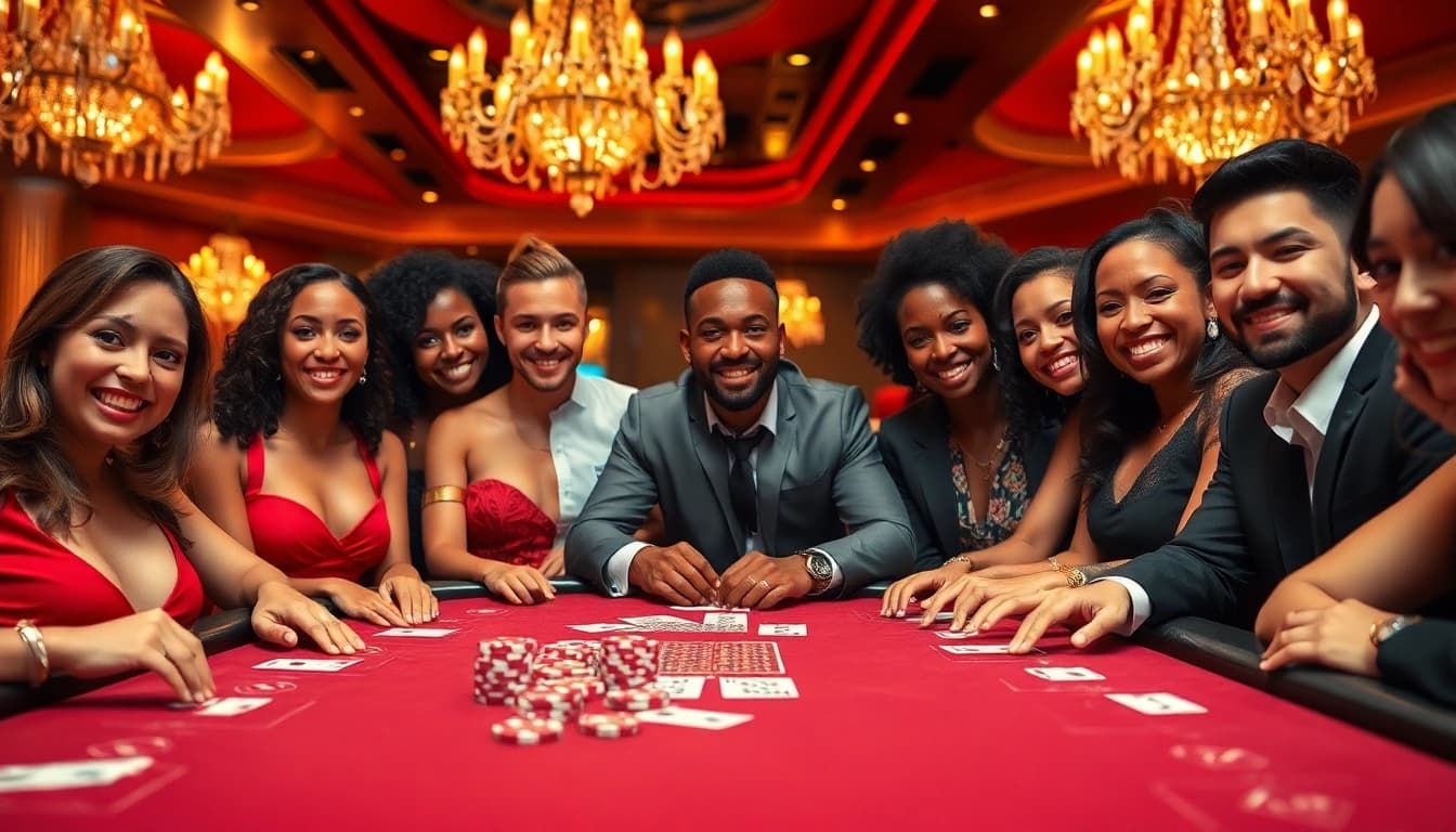 Neue casino bonus ohne einzahlung sichtbar bei glamourösem Casinospiel mit Spielern und Chips.