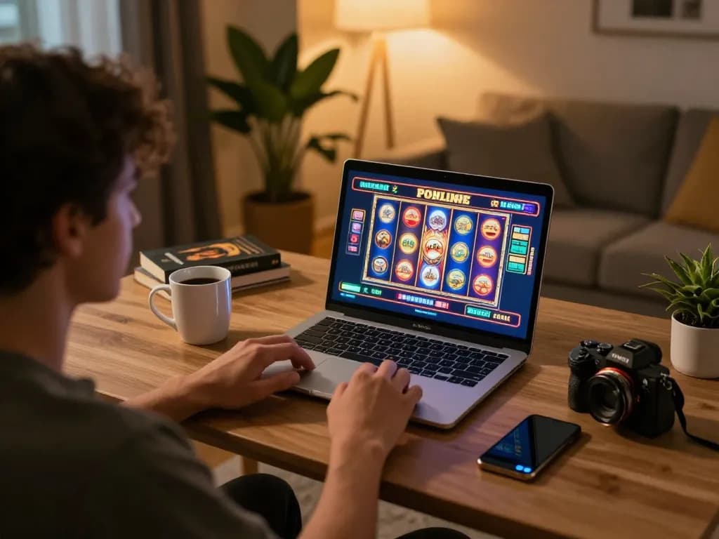 Canada online casinos reddit user engaging in online gaming at home with laptop and cozy decor
