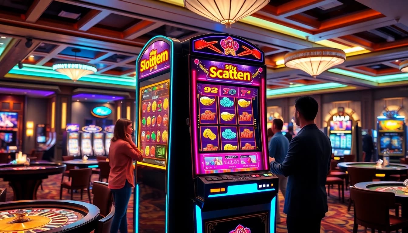 Play the slot demo scatter hitam on an exciting casino floor with lively players and vibrant machines.