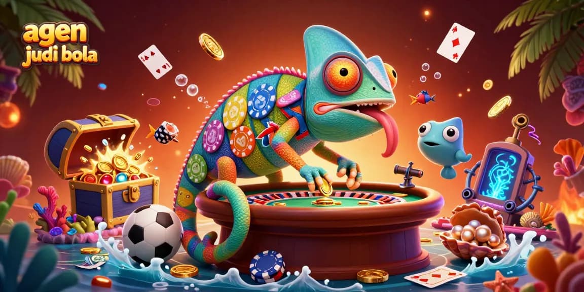 Experience the thrill of agen judi bola with colorful chameleon and dynamic sports betting elements.