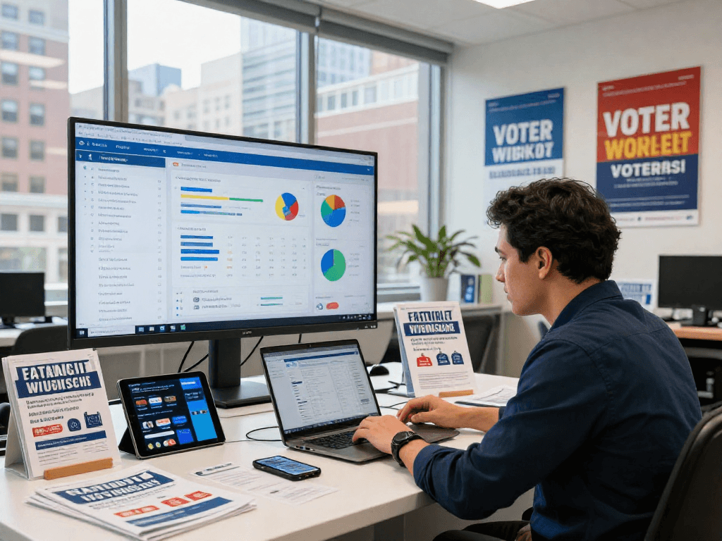 Strategist analyzing voter outreach services data in a modern office.