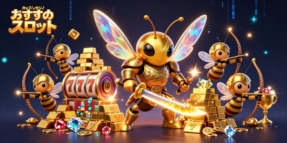 オンラインカジノ おすすめ スロットでスロットリールを回し、金の宝物に囲まれた蜂のキャラクターたち