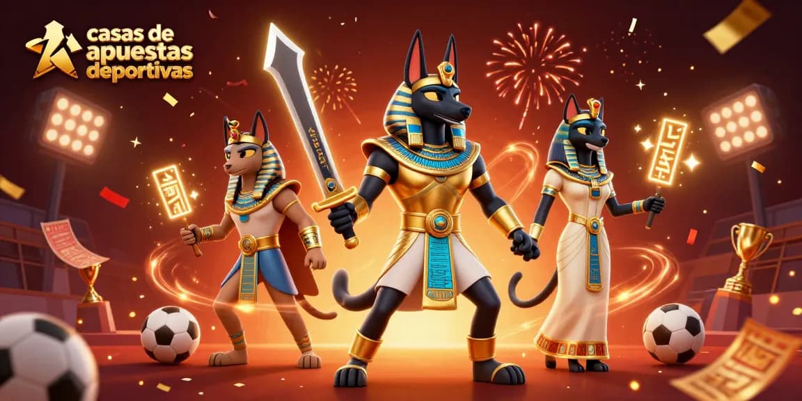 Disfruta de las casas de apuestas deportivas mientras Anubis y Bastet celebran con trofeos y tickets en una escena vibrante.