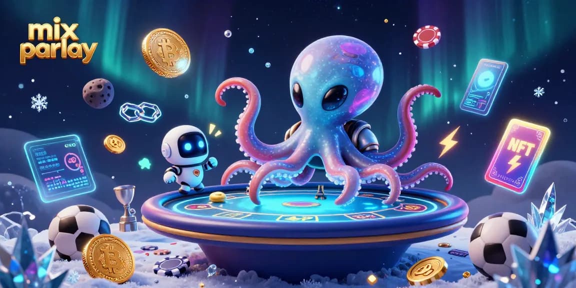 Engage in mix parlay betting with an alien octopus at a holographic poker table, showcasing unique gambling elements.