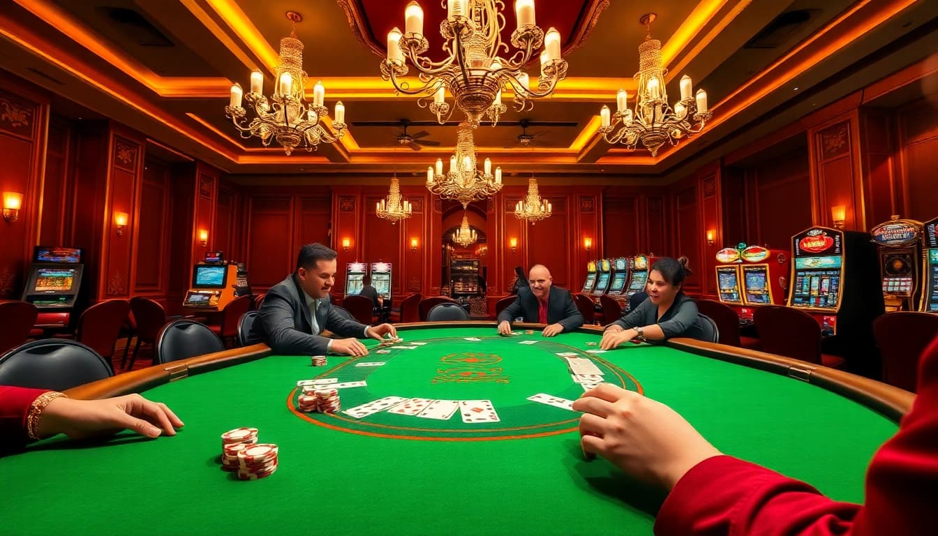 SODO Casino players enjoying poker with vibrant chips and cards in an elegant setting