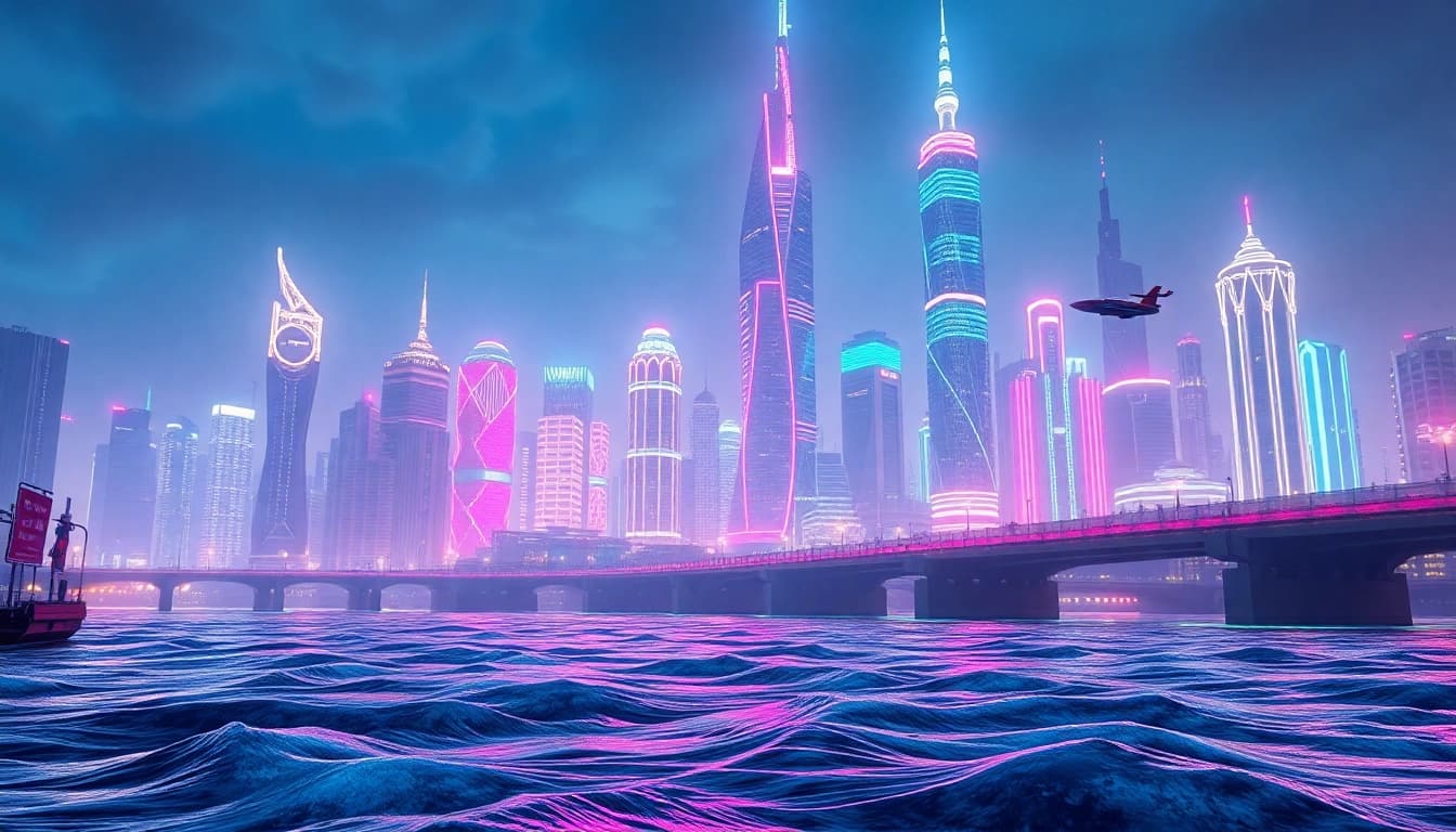 3D Animation of a vibrant futuristic city skyline with neon lights and animated elements.