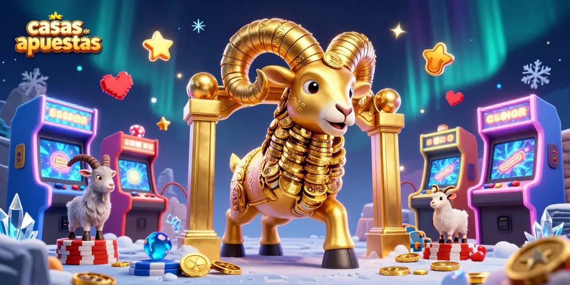 Casas de apuestas con un carnero dorado cargando entre máquinas de juego y efectos brillantes.