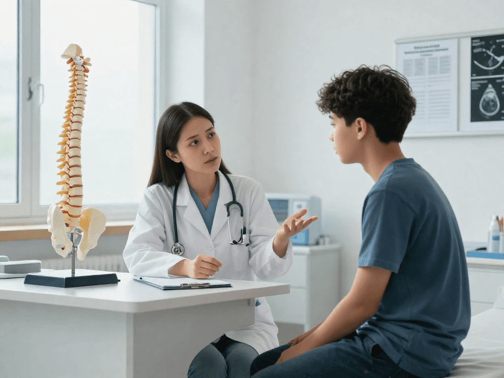 Boyun fıtığı ameliyatı consultation in a modern clinic with a doctor explaining options to a patient