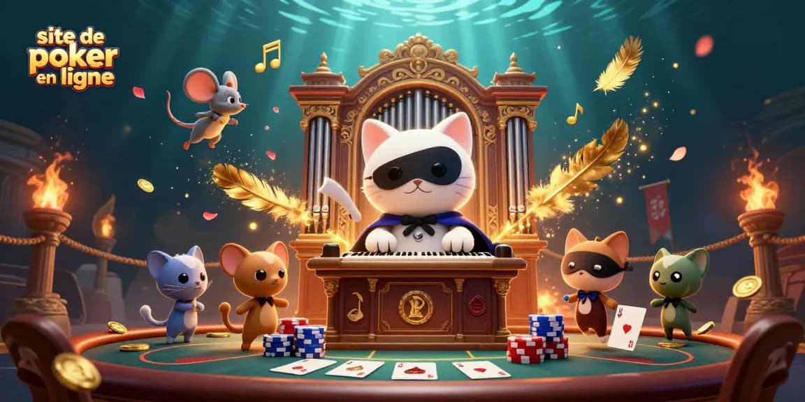 Jouez sur le site de poker en ligne avec une ambiance de casino idyllique remplie de cartes et de jetons.