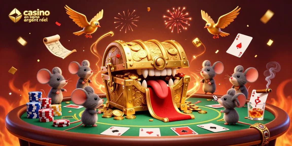 Casino en ligne argent réel avec un coffre au trésor attirant des joueurs, ambiance festive de jeu.