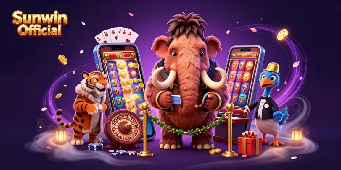 Engage in exciting games at Sunwin Official, featuring a mammoth bouncer, VIP saber-tooth, and vibrant casino elements.
