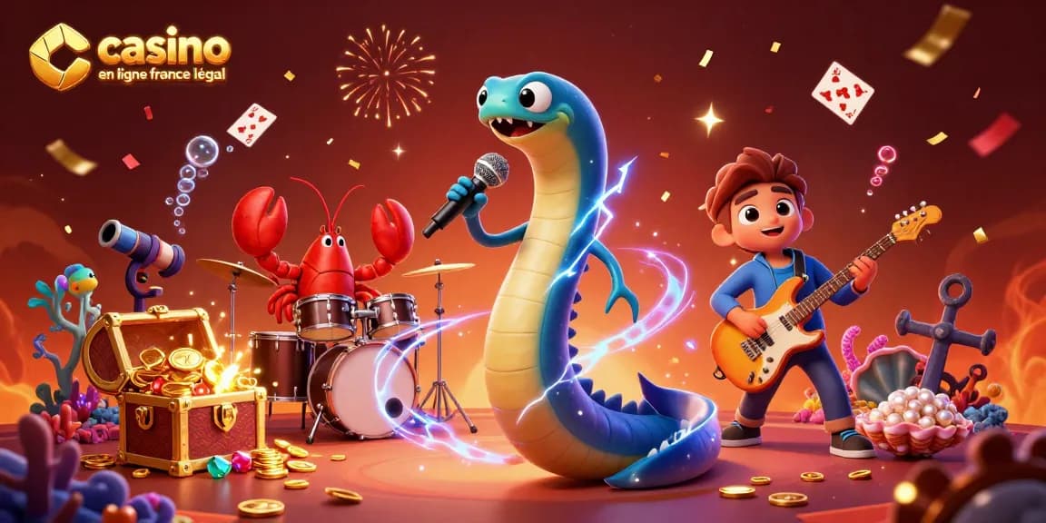 Illustration dynamique sur le thème du casino en ligne France légal, montrant un anguille DJ et son groupe.