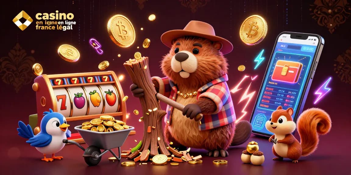 Jouez au casino en ligne en France légal avec notre illustration dynamique et colorée d'un castor et de ses amis.