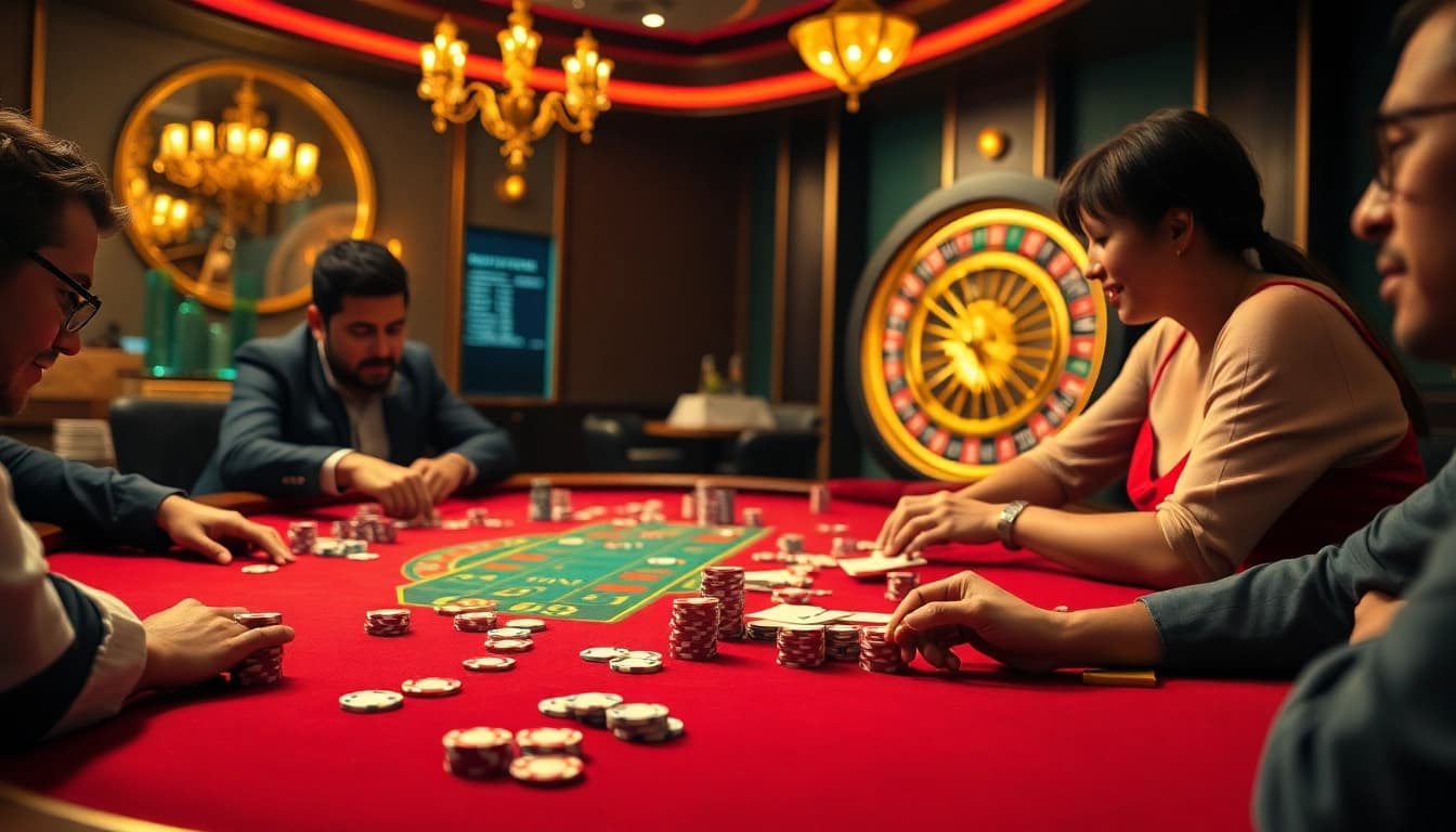 Zonafilm showcases an immersive casino experience with players at a poker table and a roulette wheel.