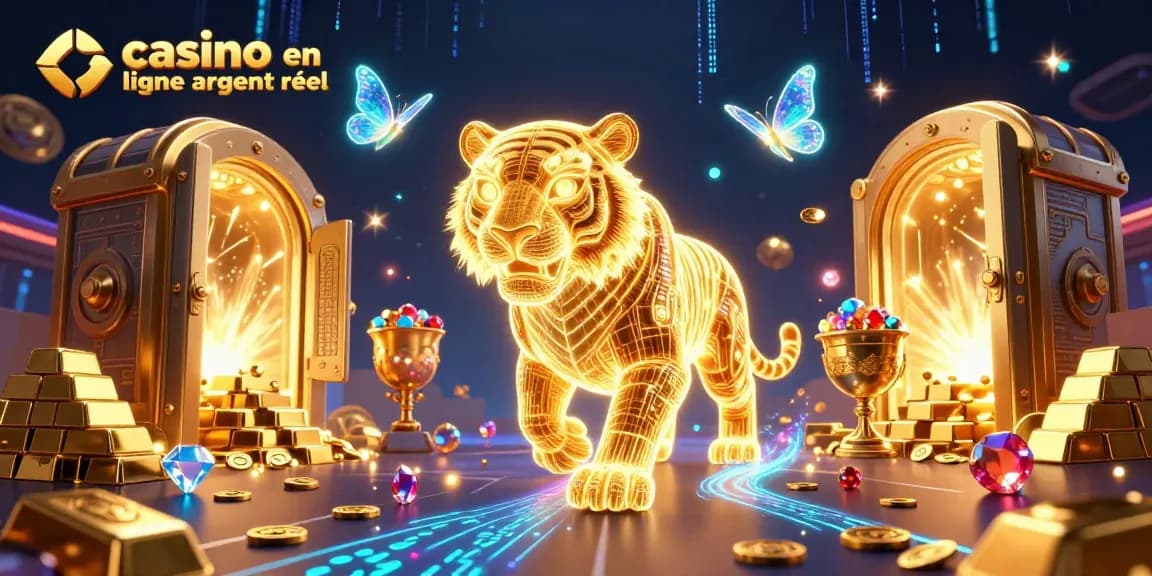 Gagnez avec le casino en ligne argent réel : tiger doré et trésors scintillants s'affichent dans un monde virtuel