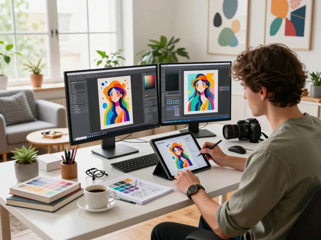Artist converting image to prompt AI in a modern workspace with vibrant designs and natural light.